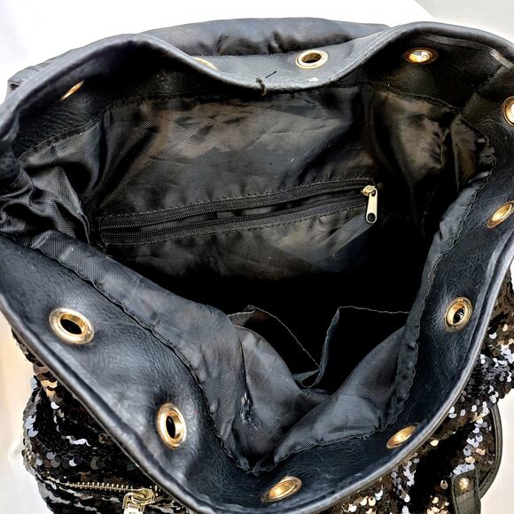 Black Sequined Leather Backpack Zippers Rivets Snaps Buckles Large Shiny Wow main image 7